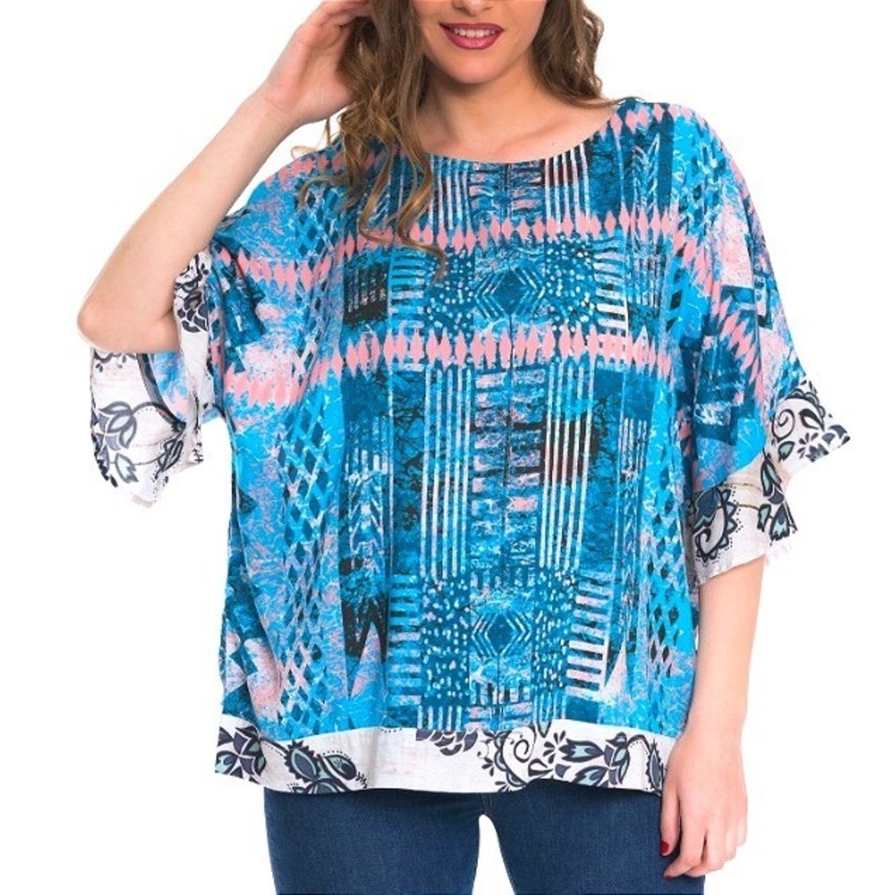 Tolani Collection Blue Tribal Abstract Pattern Lagenlook Boho Resort Blouse XL